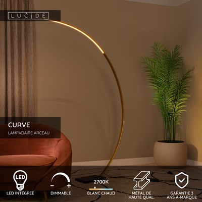 Lucide CURVE - Lampadaire arceau - LED Dim. - 1x15W 2700K - Or Mat / Laiton